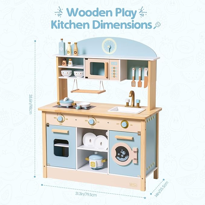 ROBUD Wooden Play Kitchen Set for Kids Toddlers, Toy Kitchen Gift for Boys Girls, Age 3+
