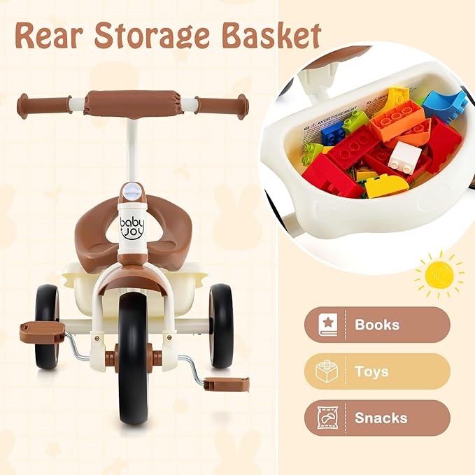BABY JOY Toddler Tricycle, Kids Trike with Adjustable Seat and Storage Basket for Boys Girls Indoor and Outdoor Riding, Toddler Trike for Baby 3-5 Years Old (Beige)