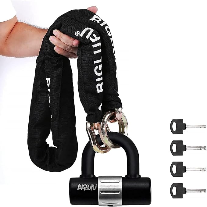 BIGLUFU Motorcycle Chain Lock 120cm/4ft Heavy Duty Bike Chain Lock Anti-Theft Durable Cut Proof 14mm Thick Security Bicycle Chain with 4Keys 16mm U Lock for Moped,Scooter,Motorcycles