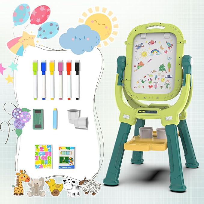 Easel for Kids, Toddler Art Easel Adjustable Standing, Magnetic Double Sided Easel with Painting Accessories Gift for Boys and Girls (Green)