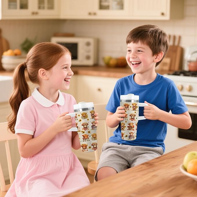 Highland Cow Gifts - 14oz Kids Highland Cattle Yak Tumbler with Handle and Straw, Stainless Steel Insulated Water Cup, for Boys & Girls, Travel - Farm Animal Cow Children Birthday Gift Cup(1pc)