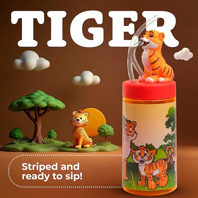 Kids Water Bottle, Toddler Cups, Tumbler with Lid and Straw, Travel Sippy Cup for Water or Milk, Kids Cups with Lids for Toddlers 3 and Up, BPA Free Plastic, 12 oz (Zoo Bengal Tiger)