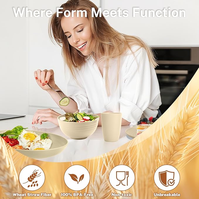 Wheat Straw Dishes Set Service for 8, Reusable Plastic Dinnerware Set 32 PCS, Kitchen Plates and Bowls sets, Unbreakable Microwave and Dishwasher Safe Camping Dishes for RV, Outdoor - Beige