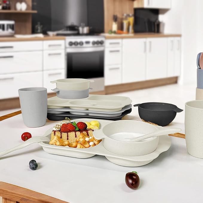 shopwithgreen Kids Toddlers Plates and Bowls Sets, 20 PCS Wheat Straw Dinnerware Cutlery Set, Unbreakable Tableware Divided Plate Spoon Knife Cup, Reusable Utensils Set for Kitchen Picnic School