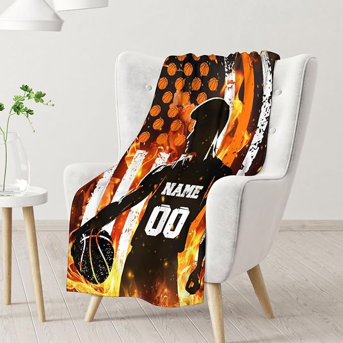 Personalized Basketball Blankets for Boys Men, Cool Throw Blanket for Adults Basketball Lovers, Custom Name 60x80 Soft Throws for Couch Sofa