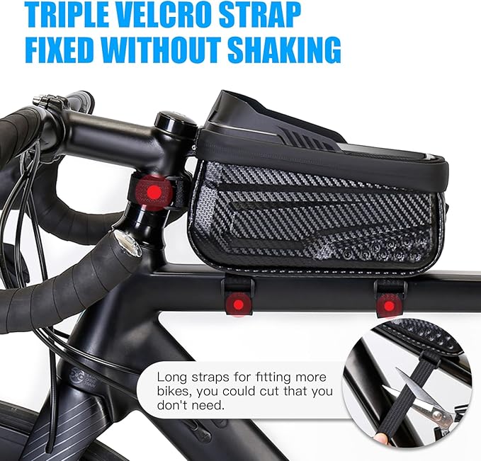 Waterproof Bike Bag, Long Extension Strap, Top Tube Bag Under 6.9'', Large Capacity, Touch Screen Compatible