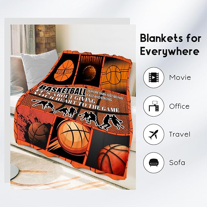 Personalized Basketball Blanket for Girls, Custom Basketball Gifts with Name for Boys, Sport Throw Blankets for Team, Kids Throws for Couch Bed (50x60 Inch)
