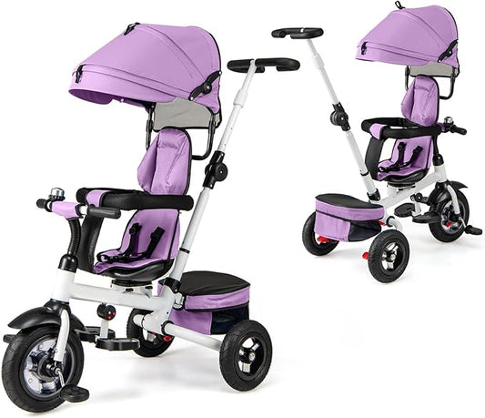 Costzon 5-in-1 Folding Kids Tricycle with Adjustable Push Handle & Canopy, Reversible Seat and Safety Harness, Push Trike with Storage for Toddler Aged 1-5 Years Old, Blue/Gray/Pink