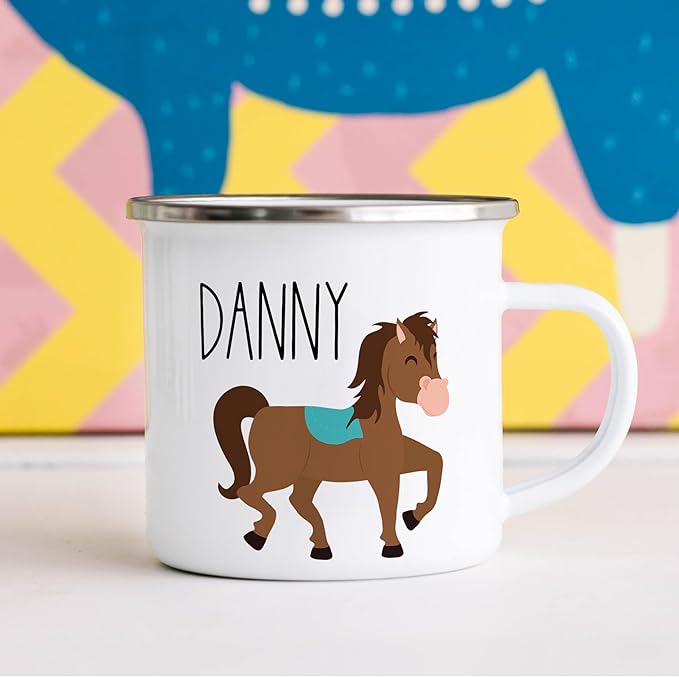 Personalized Mug for Kids, Boys, Girls | Customized Cocoa, Hot Chocolate, Coffee & Milk Cup | Custom Name Birthday Gift Party Favors | 11 Oz Stainless Steel Camping Mug Unbreakable | Horse