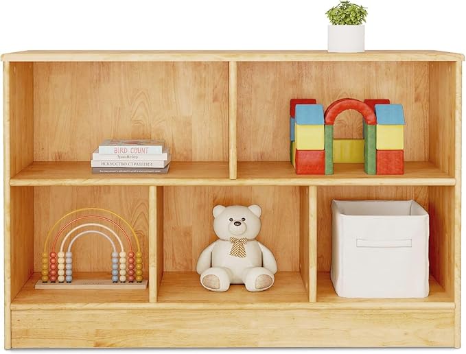 wingyz Montessori Bookshelf Rubber Soild Wood, 5-Section Wooden Storage Cabinet, 2 Shelf Bookcase Toy Storage Organizer, 35.4" L Montessori Shelf for Kids Rooms Classroom Nursery Daycare, Child-Safe