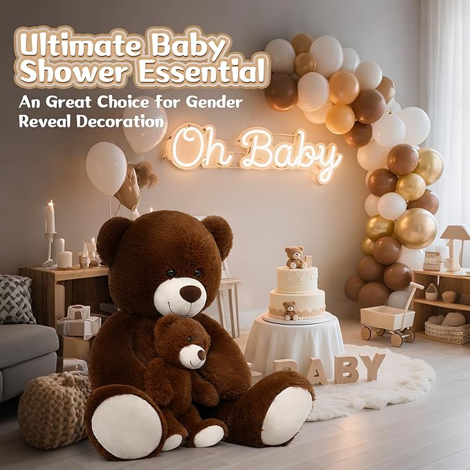 MorisMos Mom and Baby Giant Teddy Bear, 39inch Large Teddy Bears Stuffed Animal Plush for Baby Shower, Dark Brown