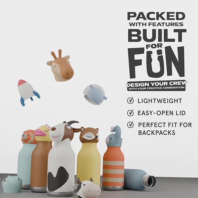 asobu Bestie Bottle Insulated Stainless Steel Water Bottle with Detachable Soft Animal Head Fun Drinking For Kids and Teens with Flexible Reusable Straw 16 Ounce (Goat)