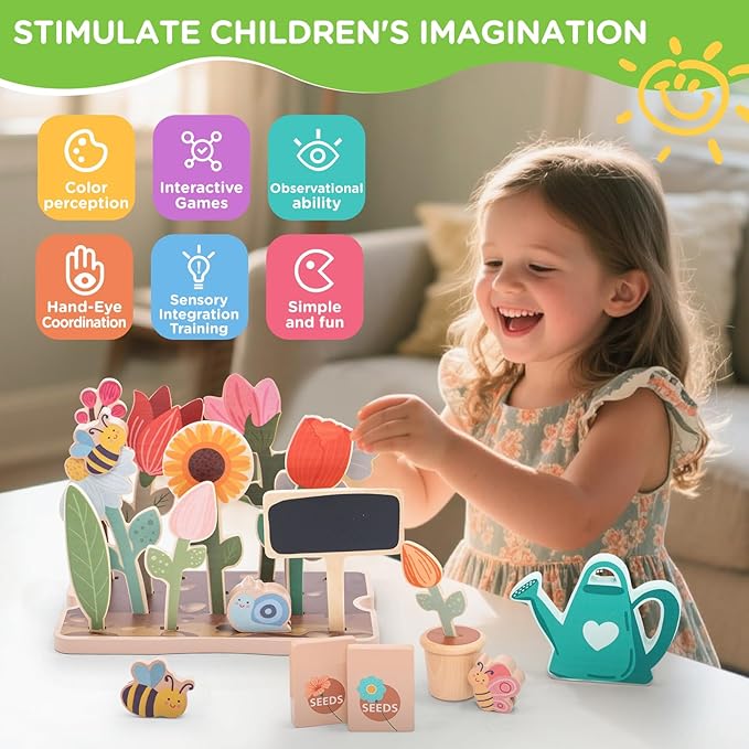 Wooden Pretend Play Toy Gardening Box-30 Pieces Wood Flower & Garden Tool Sets for Toddler 3 4 5 6 Year Old,Kids Educational Learning Toy,Girls Birthday Gift