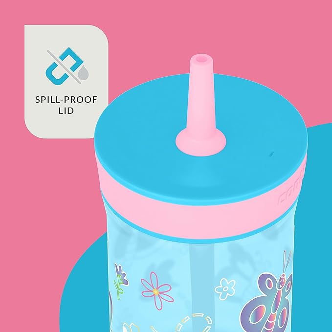 Contigo Leighton Kids Plastic Water Bottles Spill-Proof Tumblers with Straw Dishwasher Safe 14oz 2-Pack in Blue Raspberry/Butterflies & Azalea/Llamas Themes - Ideal for Toddlers and Older Kids
