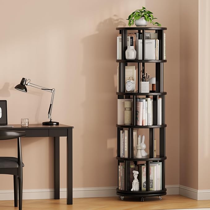 Solid Wood Rotating Bookshelf on Wheels, 5 Tier, Round Revolving Bookcase, 360° Spinning Book Shelf Tower for Kids, Narrow Rolling Bookshelves for Small Space, Corner, Bedroom, Office, Black