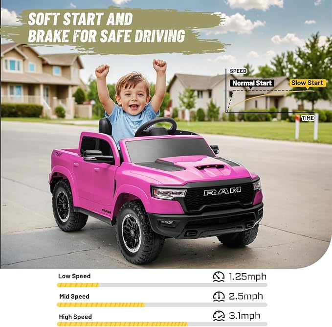 Ram 1500 Ride on Toys for Kids 4-8, Ride on Pickup Truck for Toddlers with Remote Control,12V Battery Powered Car with Trunk, Bluetooth, Music, Safety Belt (Pink)