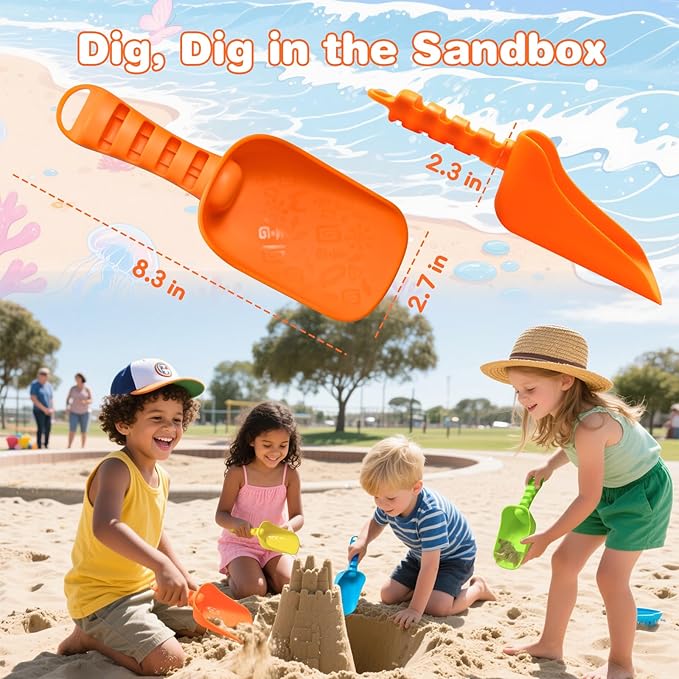 Sand Beach Shovels for Kids Heavy Duty Plastic Summer Sand Scoops Toy 4 Pack (Blue, Green, Yellow, Orange) Sandbox Garden Digging Play Gift Set Party Bundle-8.3inch