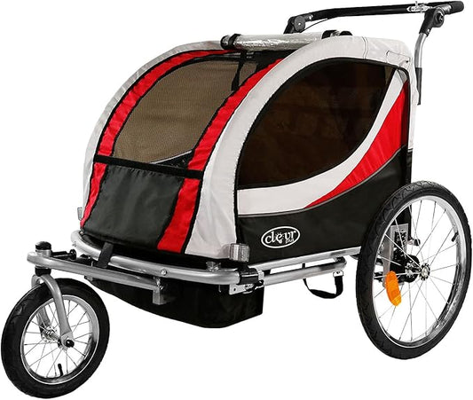 ClevrPlus Deluxe 3-in-1 Double 2 Seat Bicycle Bike Trailer Jogger Stroller for Kids Children | Foldable Collapsible w/Pivot Front Wheel