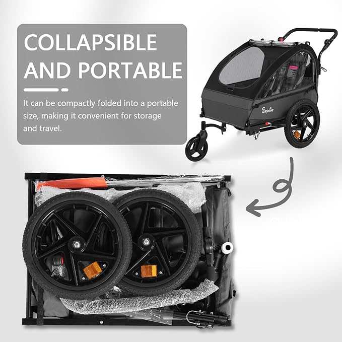 Sepnine Kids Bike Trailer, 2 in1 Canopy Carrier Converts to Stroller Suitable for 1 to 2 Kids, 12+ Months, Quick Attach to Bike, Foldable, with 5-Point Harness and Storage Bags