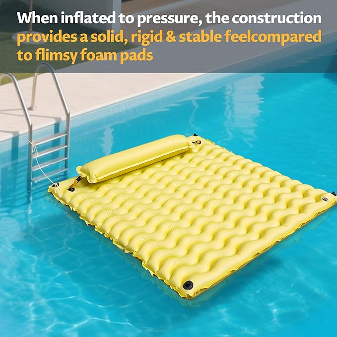 Inflatable Floating Mat/Raft/Dock/Platform, Float with Non-Slip Wave Pattern and Dual Headrest, Multi-Person Water Floating for Pool, Beach, Lake, River, and Ocean Fun