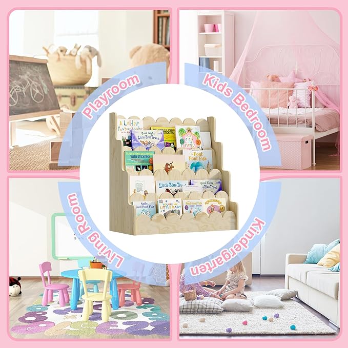 NACHES Kids Bookshelf Wooden 4 Tier Scalloped Bookshelf Toddler Montessori Bookcase Children Front Facing Display Book Shelves for Nursery Kids Room Reading Room Bedroom Classroom