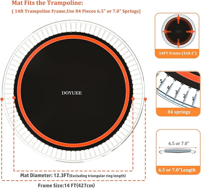 Trampoline Mat Replacement，Fits 14ft Frame, with72/80/84/88/96 Rings for Choose,Fits 5.3"-8.5" Springs, Trampoline Mat Diameter 11.97ft-12.56ft，Spring and Frame not Included
