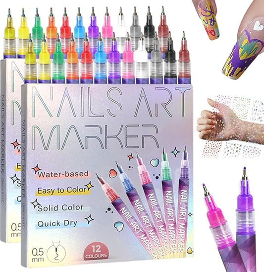12 Colors Nail Art Pens Set, 2026 Upgraded Nail Art Markers Polish Pen Quick Dry, Acrylic Nail Art Tools for Dotting Drawing Painting Liner DIY (2 pack & 30 pcs stickers)