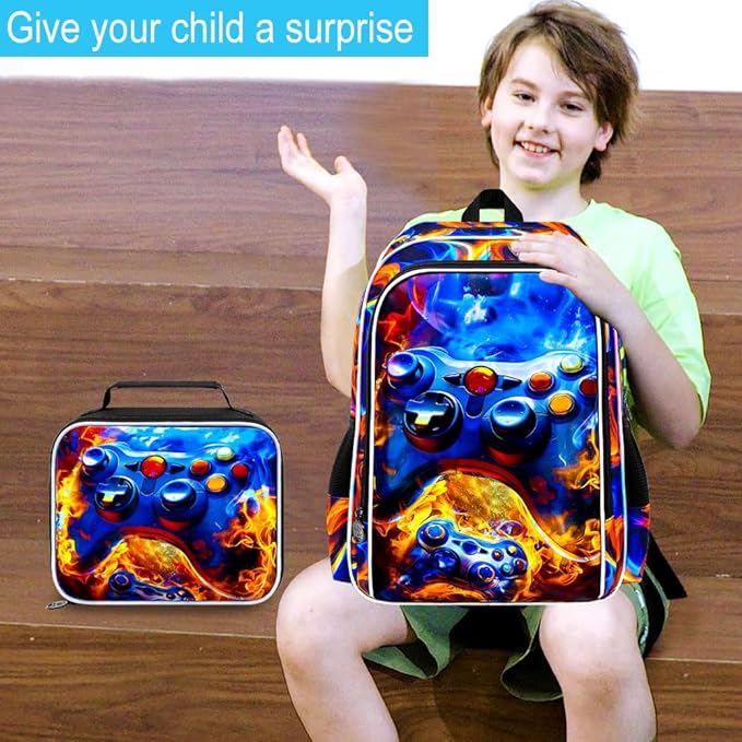 17" Gamer Backpack for Boy, 3Pcs Fire Bookbag for Elementary Preschool Kindergarten, Kids School Backpacks with Lunch Box (Red)