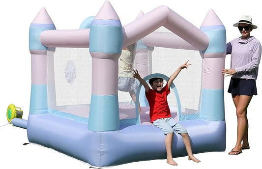 Bounce House Inflatable Bouncer with Blower, Colorful Bouncy Castle with Basketball Hoop and Sticky Ball Game for Kids 3-8