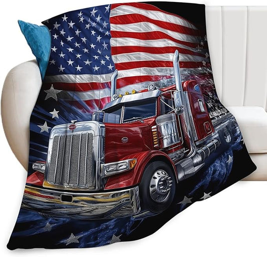 Truck Blanket Gifts for Men, American Flag Truck Throw Blanket for Boys, Soft Cozy Stuff Fleece Blankets Gifts for Train Lovers Couch Sofa Bed 60" x 50"