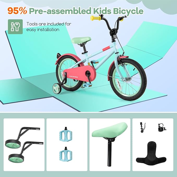 BABY JOY Colorful Macarons Kids Bike, 12 14 16 18 Inch Sporty Children's Bicycle with Training Wheels, Adjustable Handlebar & Saddle, Handbrake & Coaster Brake, Boys Girls Bike for 3-8 Years Old