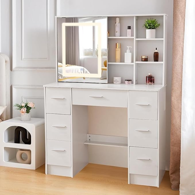 Large Vanity Set with LED Strip Light, Vanity Desk with Mirror and Lights, 7 Drawers Makeup Table with 6 Oppen Cabinets and 3 Hidden Shelves, Dressing Table for Girls