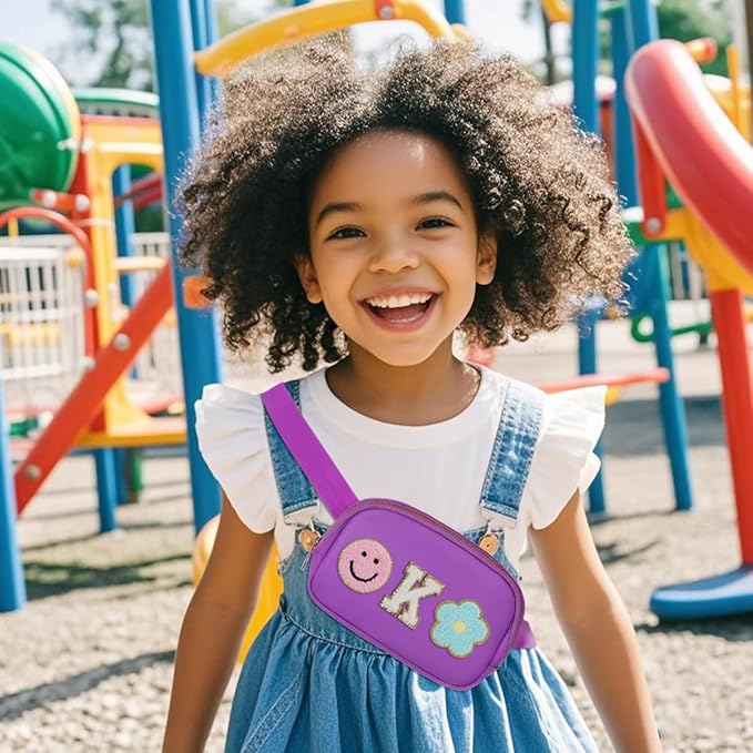 Fanny Pack For Girls Purple Kid Crossbody Bag Chenille K Letter Preppy Belt Bag, Christmas Birthday Graduation Gifts For Girl Teen Daughter Sister, Personalized Nylon Fanny Packs