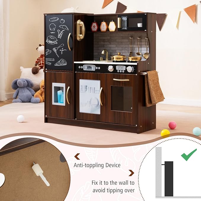 Costzon Kids Kitchen Playset, Wooden Pretend Cooking Toy Set w/Real Sound, Large Blackboard, Telephone, Microwave, Ice Maker, Dishwasher, Oven, Storage Space, Play Kitchen for Kids Ages 3+ (Brown)