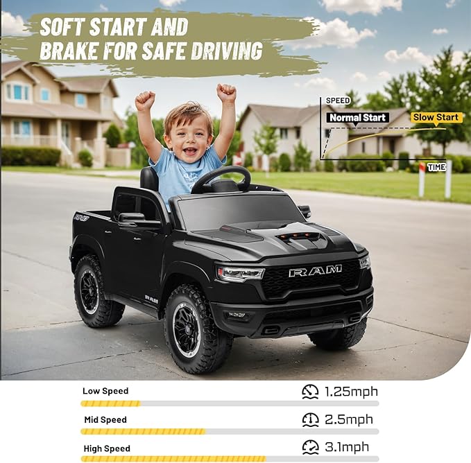 Ram 1500 Ride on Toys for Kids 4-8, Ride on Pickup Truck for Toddlers with Remote Control,12V Battery Powered Car with Trunk, Bluetooth, Music, Safety Belt (Black)