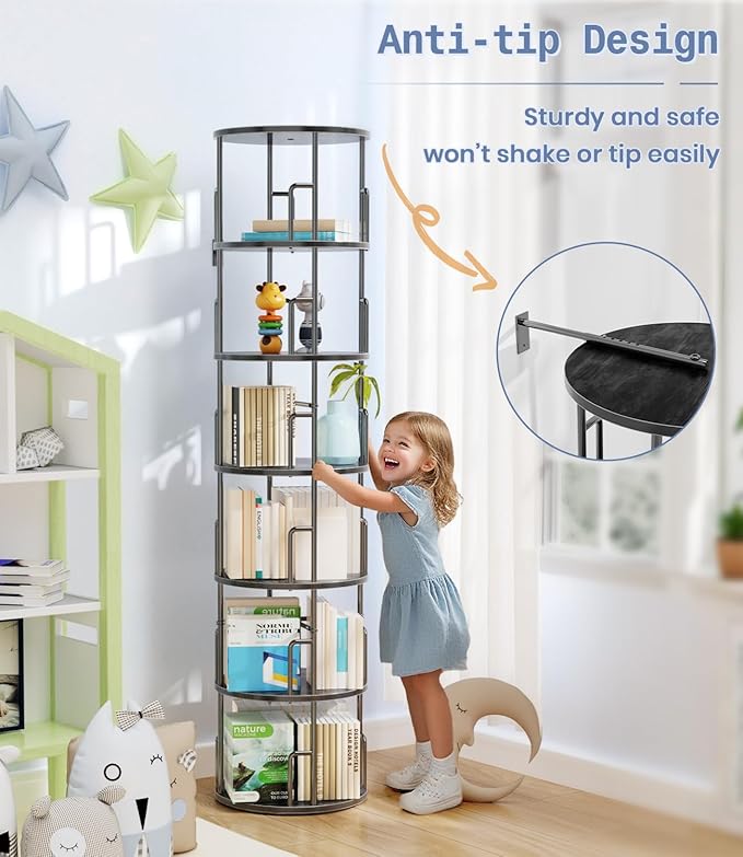 6 Tier Rotating Bookshelf Tower Round Black,74”Tall Spinning Bookshelf Tower Anti-Tipping Design,Metal & Wood Standing Revolving Bookcase Stackable Space Saving for Small Spaces,Study,Living Room