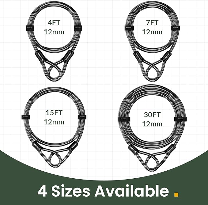 Titanker Bike Lock Cable,12mm Thick Security Cable with Loops Heavy Duty Steel Cable Vinyl Coated Bike Cable Lock Security Chain (4ft, 7ft, 15ft, 30ft)