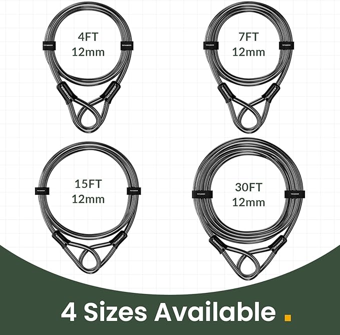 Titanker Bike Lock Cable,12mm Thick Security Cable with Loops Heavy Duty Steel Cable Vinyl Coated Bike Cable Lock Security Chain (4ft, 7ft, 15ft, 30ft)
