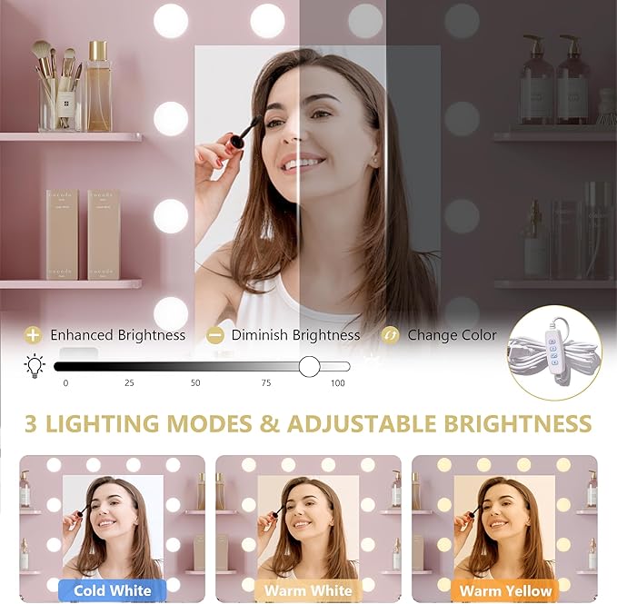 Vanity Makeup Desk with Mirror and Lights, Farmhouse Vanity Table Set with Storage Drawers, Charging Station & Chair, 43" Large Rustic Dressing Table, 3 Lighting Modes for Women Girls Bedroom, Pink