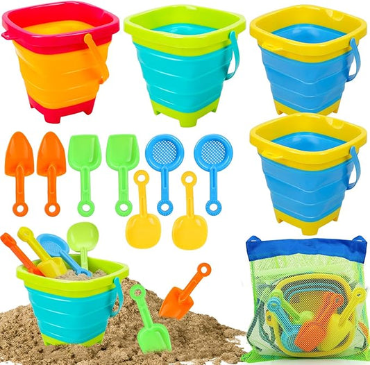 TOY Life Collapsible Beach Toys for Kids with 4 Silicone Collapsible Sand Buckets & 8 Shovels & Mesh Bag, Travel Beach Essentials for Kids Sand Toys Toddlers, Sandbox Toys for Boys Girls Ages 3-5 4-8