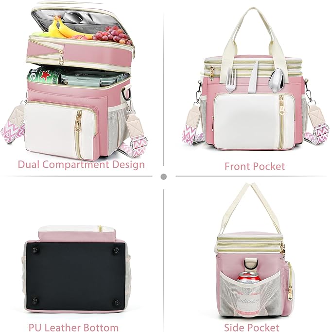 LOKASS Lunch Box & Lunch Bag for Women Men Double Deck, Large Insulated Adult Lunch Box Leakproof Lunchbox Cooler Bag for Work Picnic Beach,（Pink&White 16L）