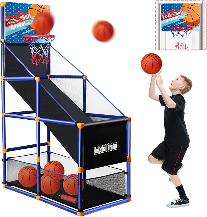 Arcade Basketball Game Set for Kids, Boy Toys Basketball Hoop with 4 Balls for 3 to 12 Years Old, Adjustable Height w/Pump & Storage Net for Kids Indoor Outdoor Sports Play, Christmas Birthday Gifts