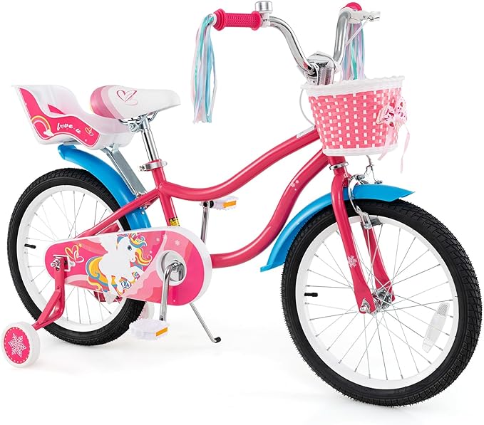 BABY JOY Kids Bike, 12 14 16 18 Inch Children Bicycle w/Detachable Training Wheels, Storage Basket, Adjustable Seat & Handlebar, Bow or Streamer, Girls Bike for 3-8 Years Old