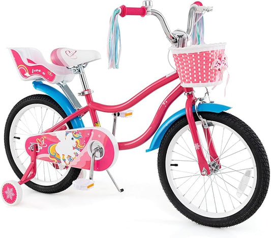 BABY JOY Kids Bike, 12 14 16 18 Inch Children Bicycle w/Detachable Training Wheels, Storage Basket, Adjustable Seat & Handlebar, Bow or Streamer, Girls Bike for 3-8 Years Old