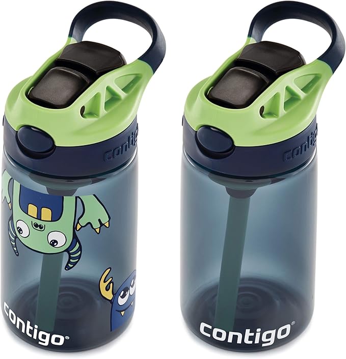 Contigo Aubrey Kids Cleanable Water Bottle with Silicone Straw and Spill-Proof Lid Blueberry & Monsters 14 Ounce 2-Pack