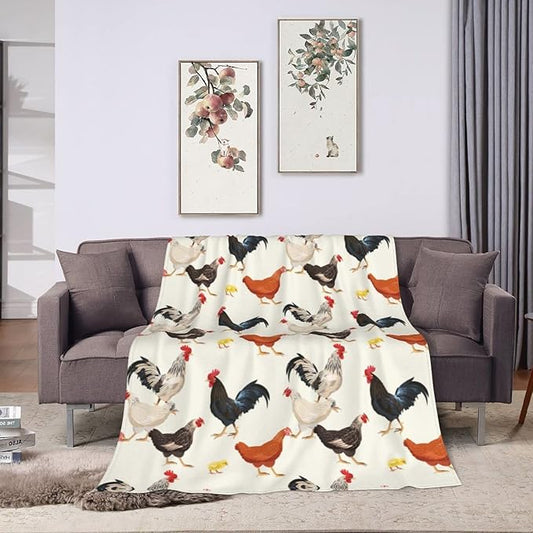 Cute Chicken Printed Blanket, Soft Fuzzy Flannel Plush Throw Blanket for Couch,Sofa Bed Decorative Blankets Funny Colorful Rooster Swaddle Baby Kids Blanket All Season 60"x50"
