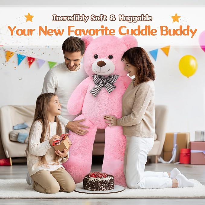 MorisMos Bow Tie Giant Teddy Bear, 55inch Large Big Teddy Bear Plush, Lifesize Stuffed Animals for Girlfriend, Pink