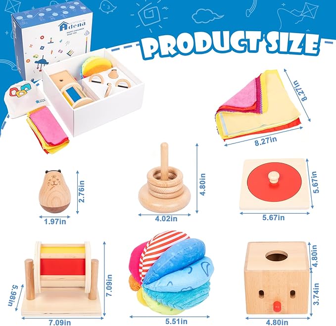 Adena Montessori Play Kit for 5-6 Months Baby,8 in 1 Learning Educational Toys for Toddler,Include Rainbow Spining Drum,Mirror Puzzle,Baby Tissue Box and More,Christmas Birthday Gift for Boys Girl