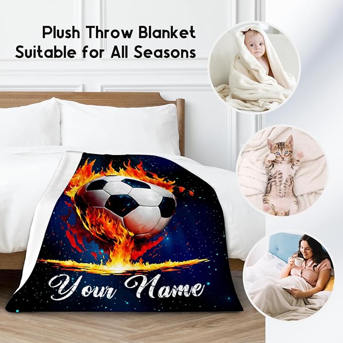 Personalized Soccer Blanket Gifts for Kids - Custom Soccer Gift for Boys 8-12, Sports Throw Blankets for Team Player Adults Men - Soft Plush Girls Throws for Couch, Office (Blue, 30x40 Inch)