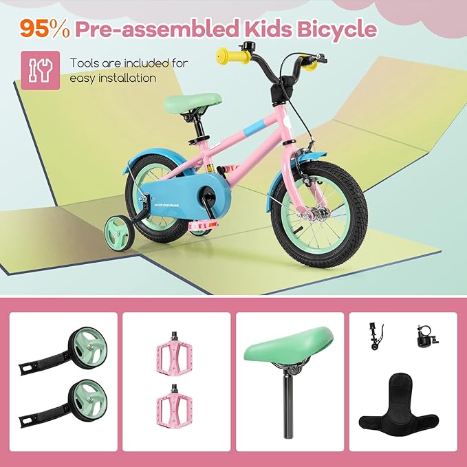 BABY JOY Colorful Macarons Kids Bike, 12 14 16 18 Inch Sporty Children's Bicycle with Training Wheels, Adjustable Handlebar & Saddle, Handbrake & Coaster Brake, Boys Girls Bike for 3-8 Years Old